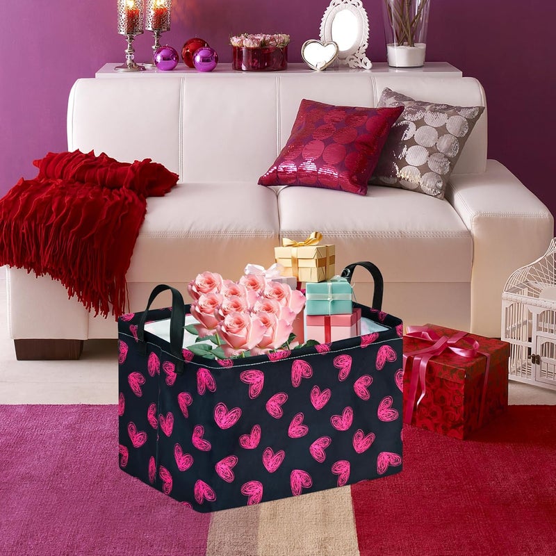FUULOXE Rectangular Valentines Basket Storage Bin for Shelves Girls Gifts Baskets Foldable Box with Handles for Home Office Car Dormroom Valentine's Day Party Supplies - Image 3